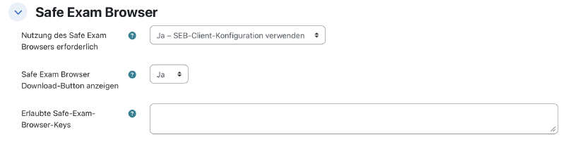 Testeinstellungen in Moodle, Abschnitt „Safe Exam Browser“